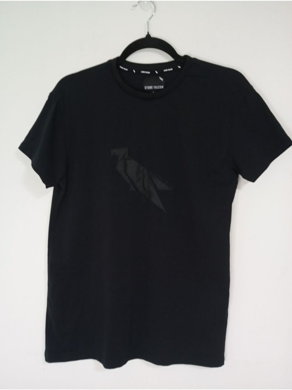 Stone Falcon Black T-Shirt With Embroidered Falcon Design Size S